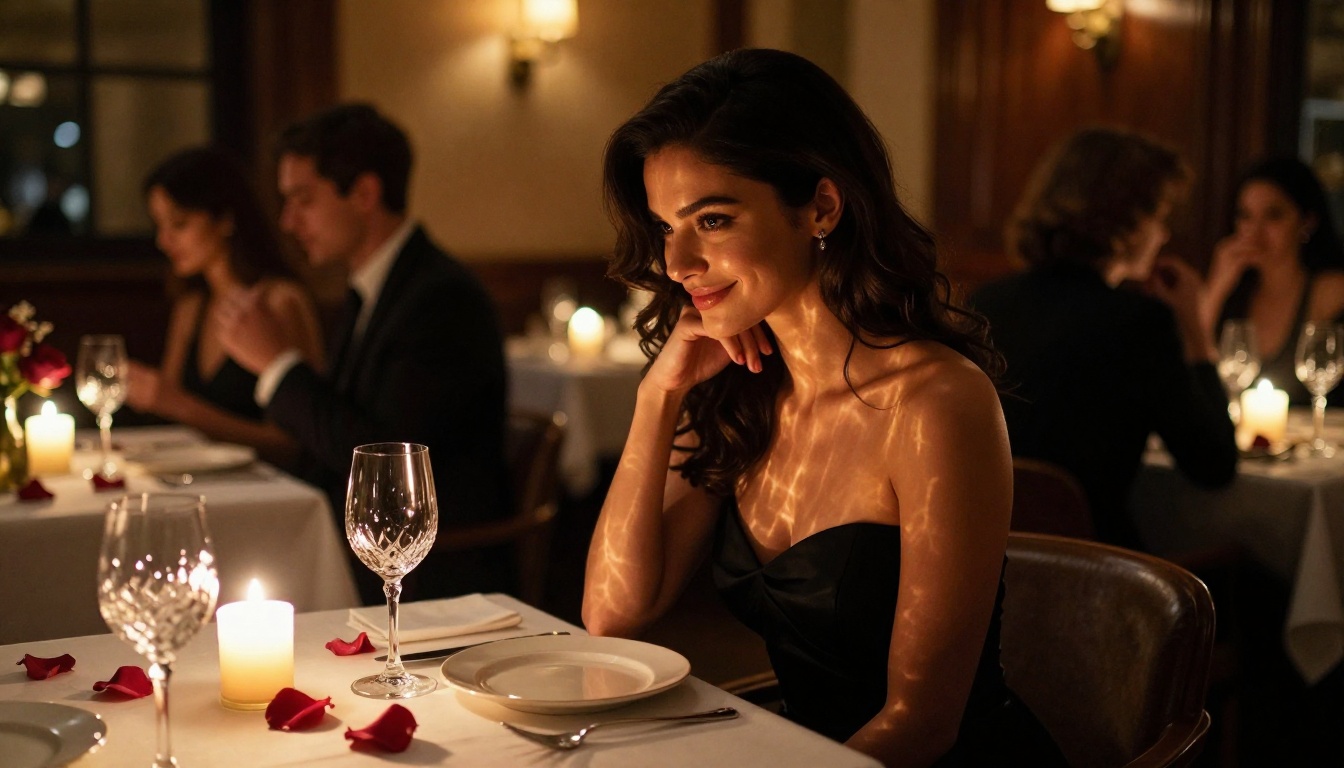 Stunning woman in a backless black evening gown at a luxurious candlelit restaurant, warm candlelight catching her bare shoulders and collarbone