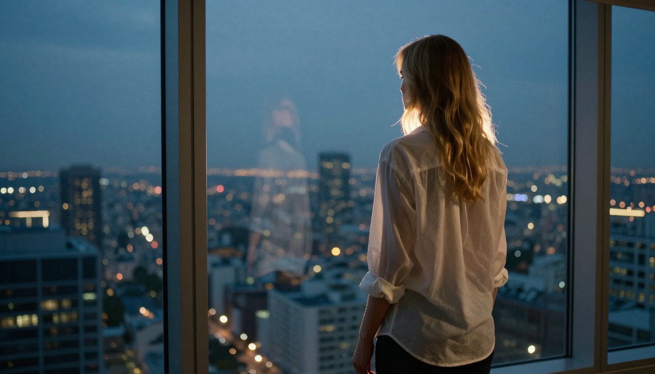 Woman with strawberry-blonde hair in a white dress shirt looking out a high-rise window at dusk, city lights twinkling far below, cool blue ambient glow with warm lamp rim light