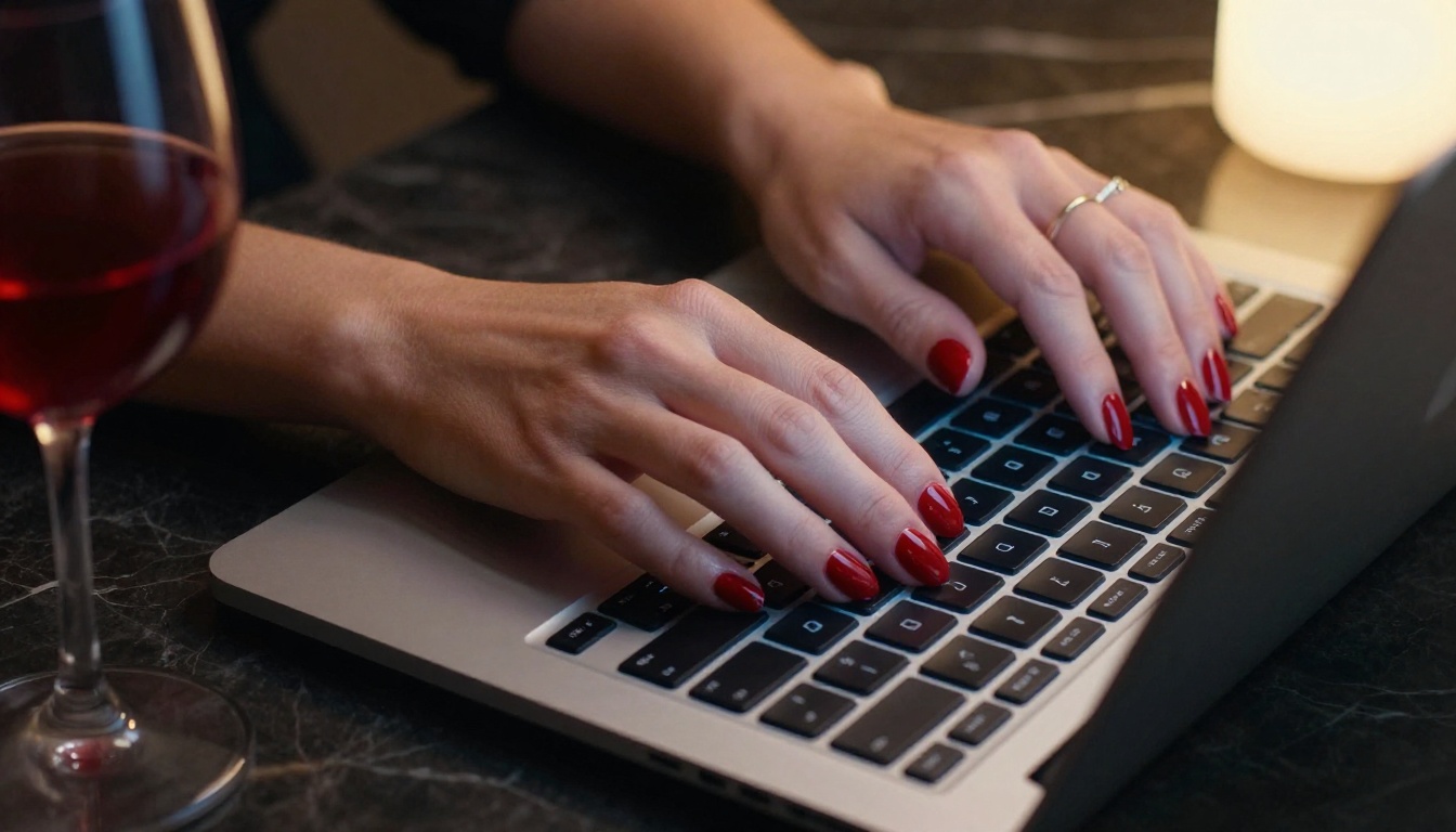 Close-up of elegant woman's hands with crimson red nails typing on a matte black laptop keyboard, a glass of red wine beside it on dark marble, soft screen glow from above