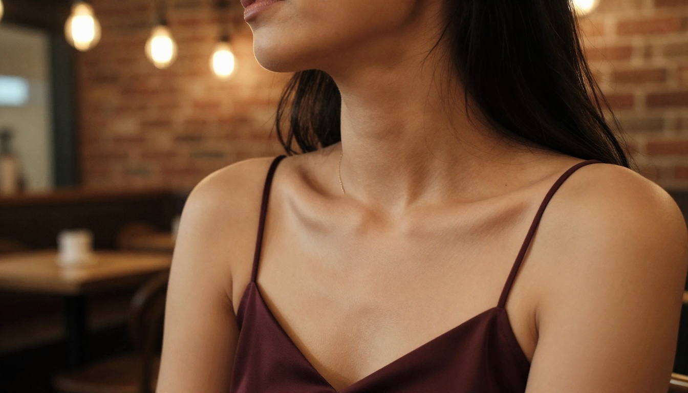 Close-up side profile of a woman's neck and bare shoulder, moody cafe lighting with warm Edison bulb bokeh in the background, small gold necklace catching the light