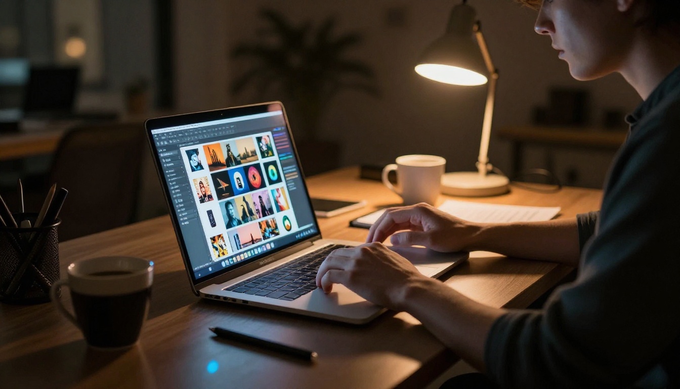 AI workspace at night with glowing laptop screen