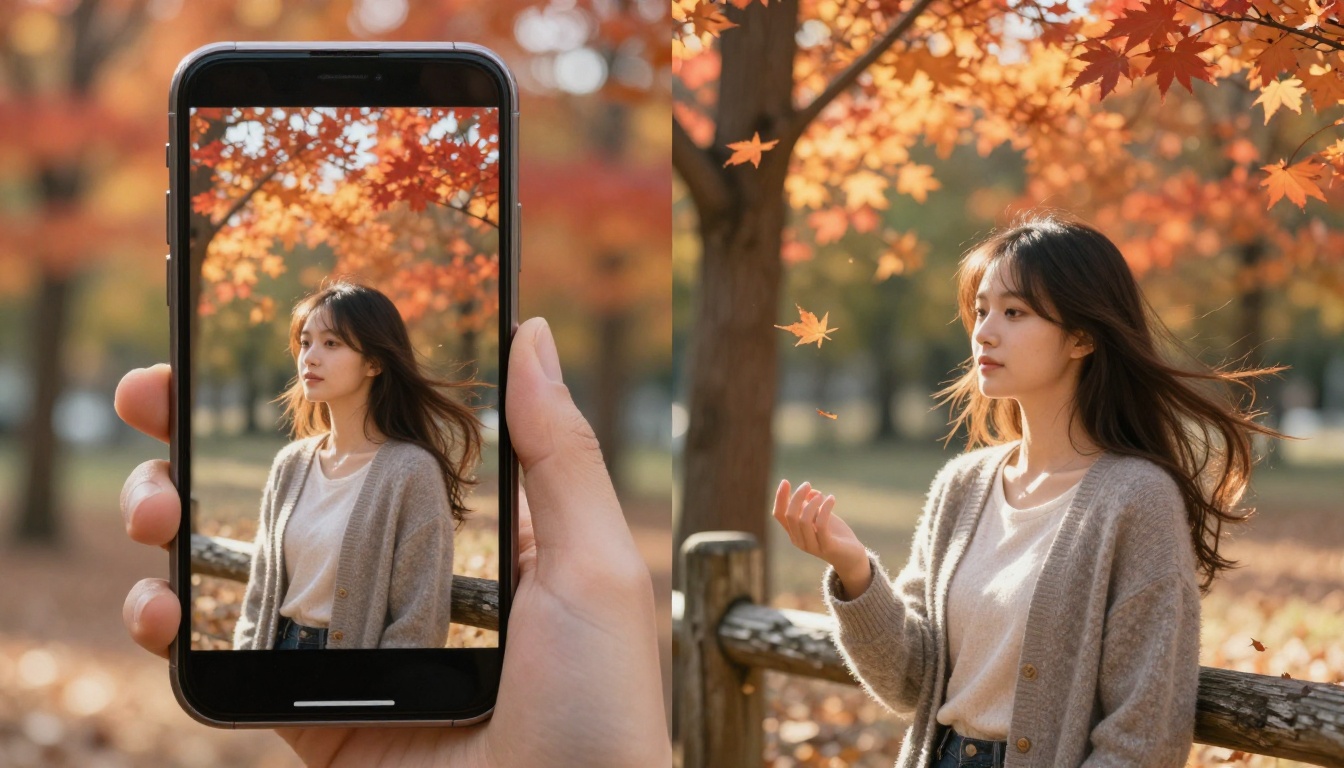 A smartphone showing a split-screen of a still portrait photo on the left transforming into an animated autumn park scene on the right, leaves falling, warm bokeh, Kodak Portra 400, 50mm f/2.0