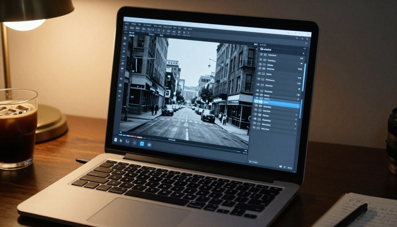 A laptop screen displaying an AI interface processing a black and white 1950s city street photograph, warm desk lamp creating a pool of light, a cold brew coffee nearby, Kodak Portra 400, 35mm f/2.8