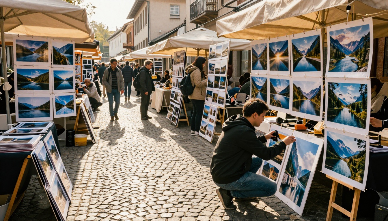 An aerial view of a bustling outdoor photography market, printed images displayed on wooden stands and hanging lines, golden morning light casting long shadows on cobblestones, Kodak Portra 400, 24mm f/8