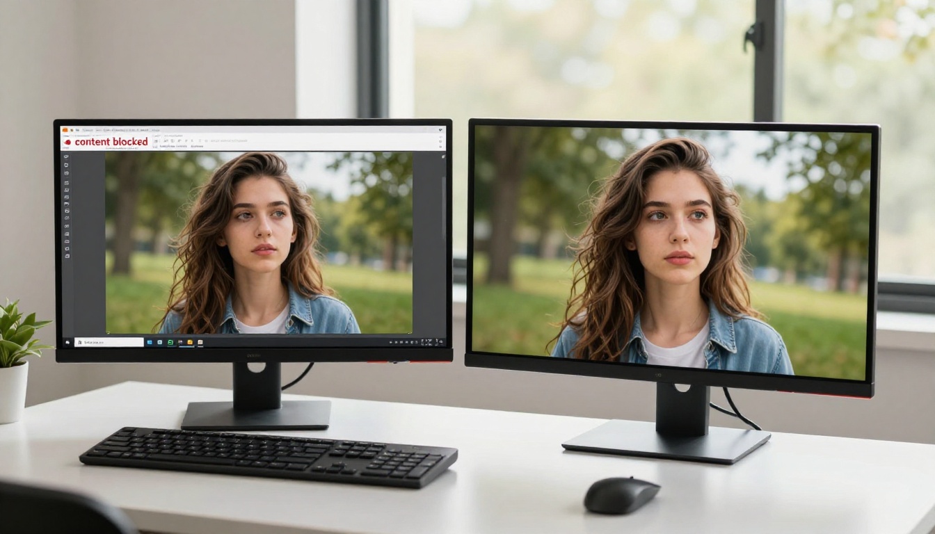 Comparison monitors showing blocked vs generated AI content
