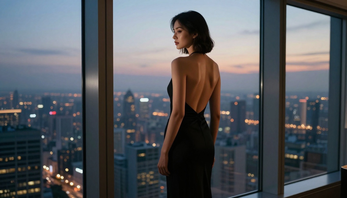 Elegant woman in backless gown at city window at night