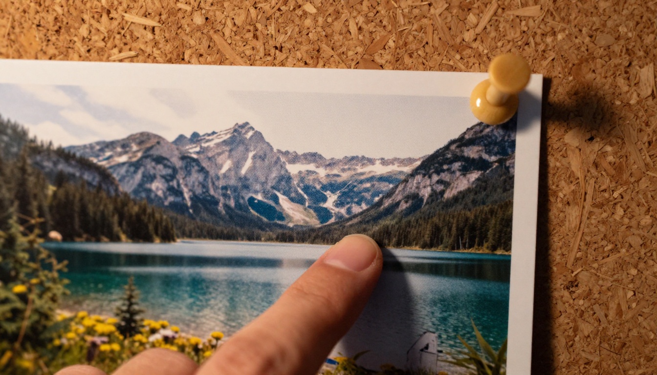An extreme close-up of a printed photograph pinned to a cork board showing a mountain lake, paper grain and inkjet dot texture visible, a finger gently touching the corner, wooden push pin shadow, warm incandescent light from the left, 100mm macro f/4.0
