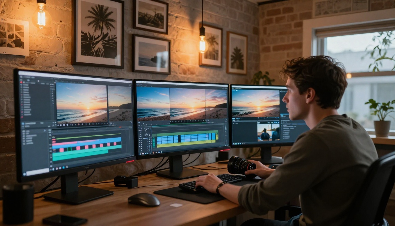 A creative studio with multiple screens showing a video editing timeline of animated photo sequences, raw brick walls, Edison pendant lights, monitor glow reflecting on a creator's face, Kodak Portra 400, 35mm f/2.2
