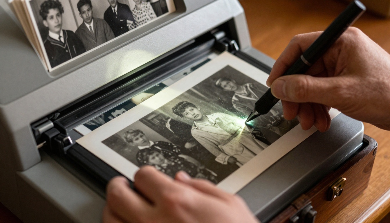 A pair of hands scanning old black and white family photographs on a flatbed scanner, an open wooden chest of prints nearby, warm afternoon window light from the left, photorealistic 8K detail on the scanner surface, Kodak Portra 400, 50mm f/2.5