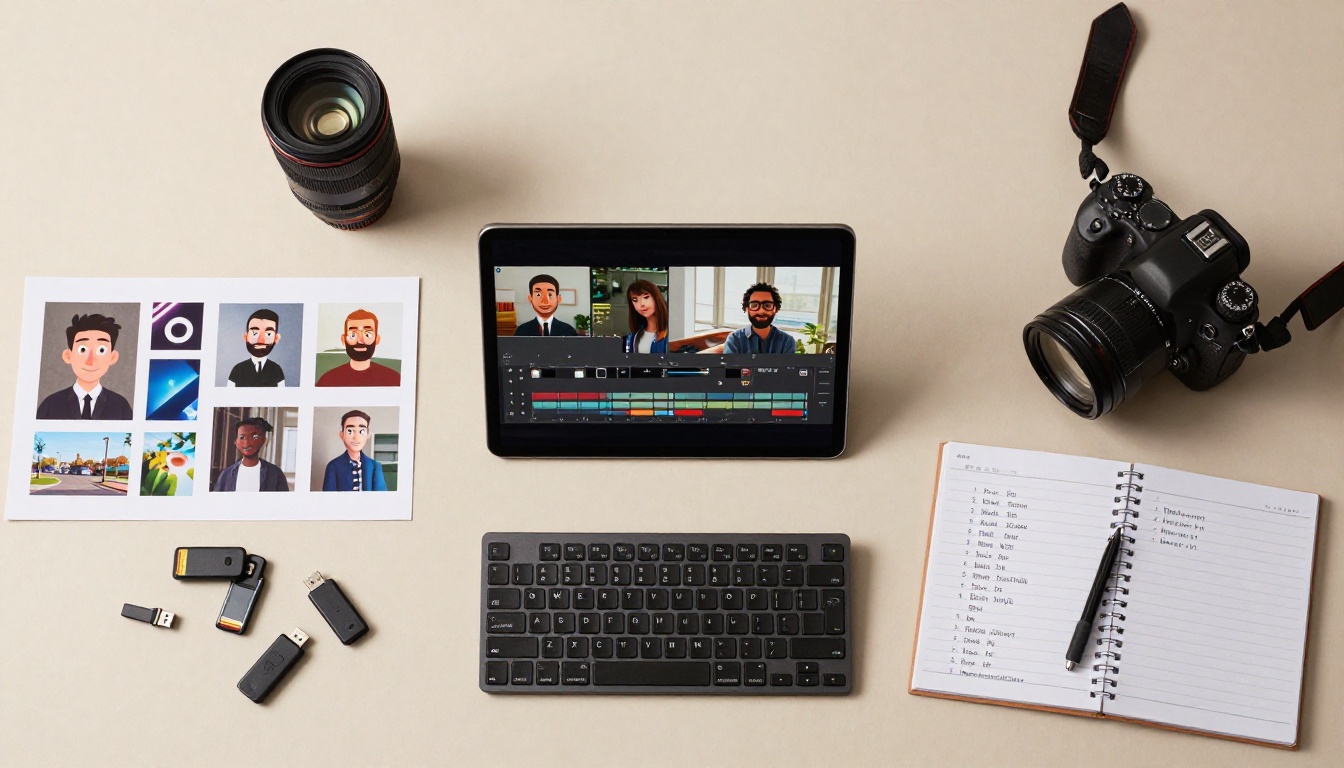 An overhead flat-lay of a content creator's desk showing a tablet with a video timeline, a DSLR camera, color-graded printed photographs arranged in a grid, a mechanical keyboard, spiral notebook, USB drives, Kodak Portra 400, natural window light casting soft shadows