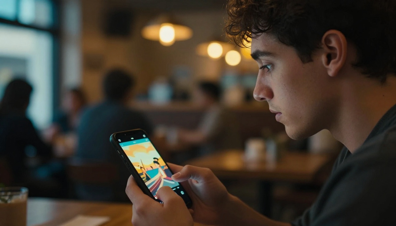 A young man in his 20s watching an animated video on his phone in a dimly lit cafe, warm screen glow on his face, blurred bokeh of string lights and other patrons, blue ambient window light from the left, Kodak Portra 400, 85mm f/1.8