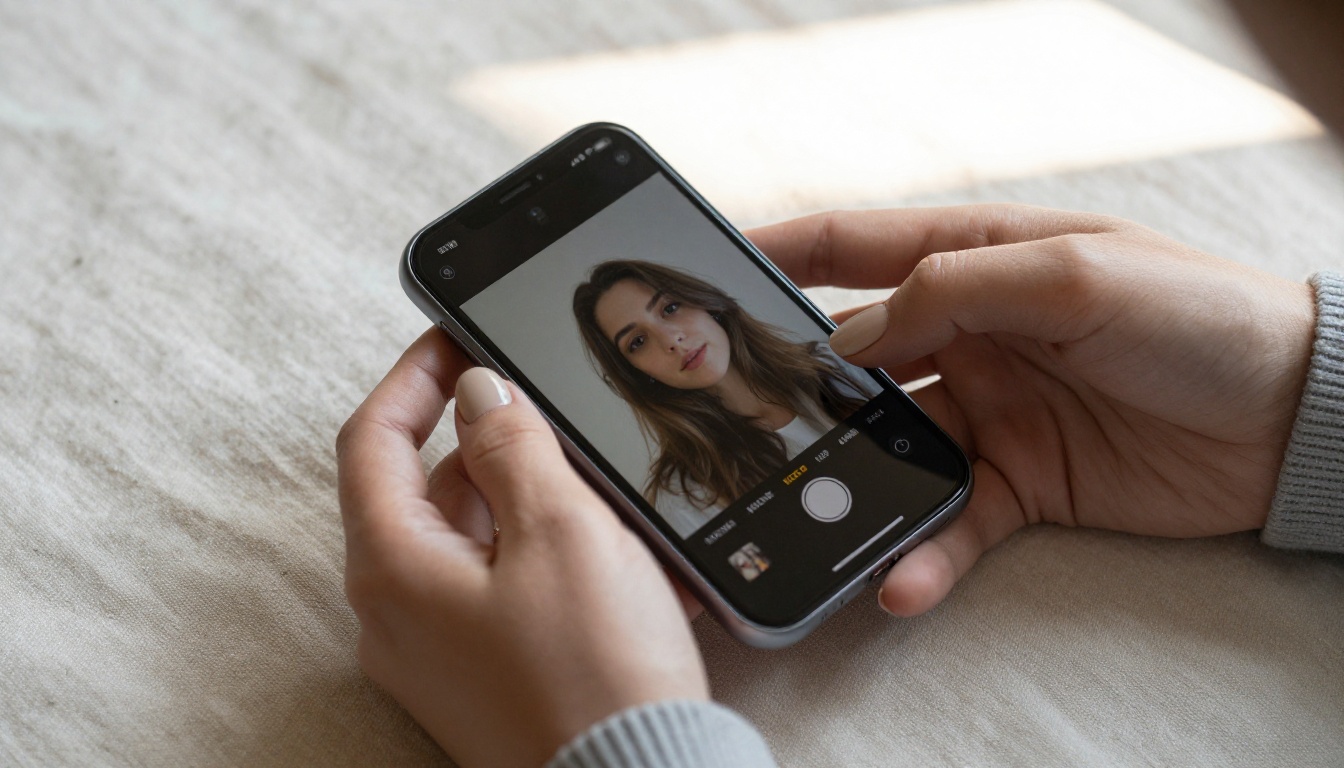 Hands holding smartphone showing image animation on screen
