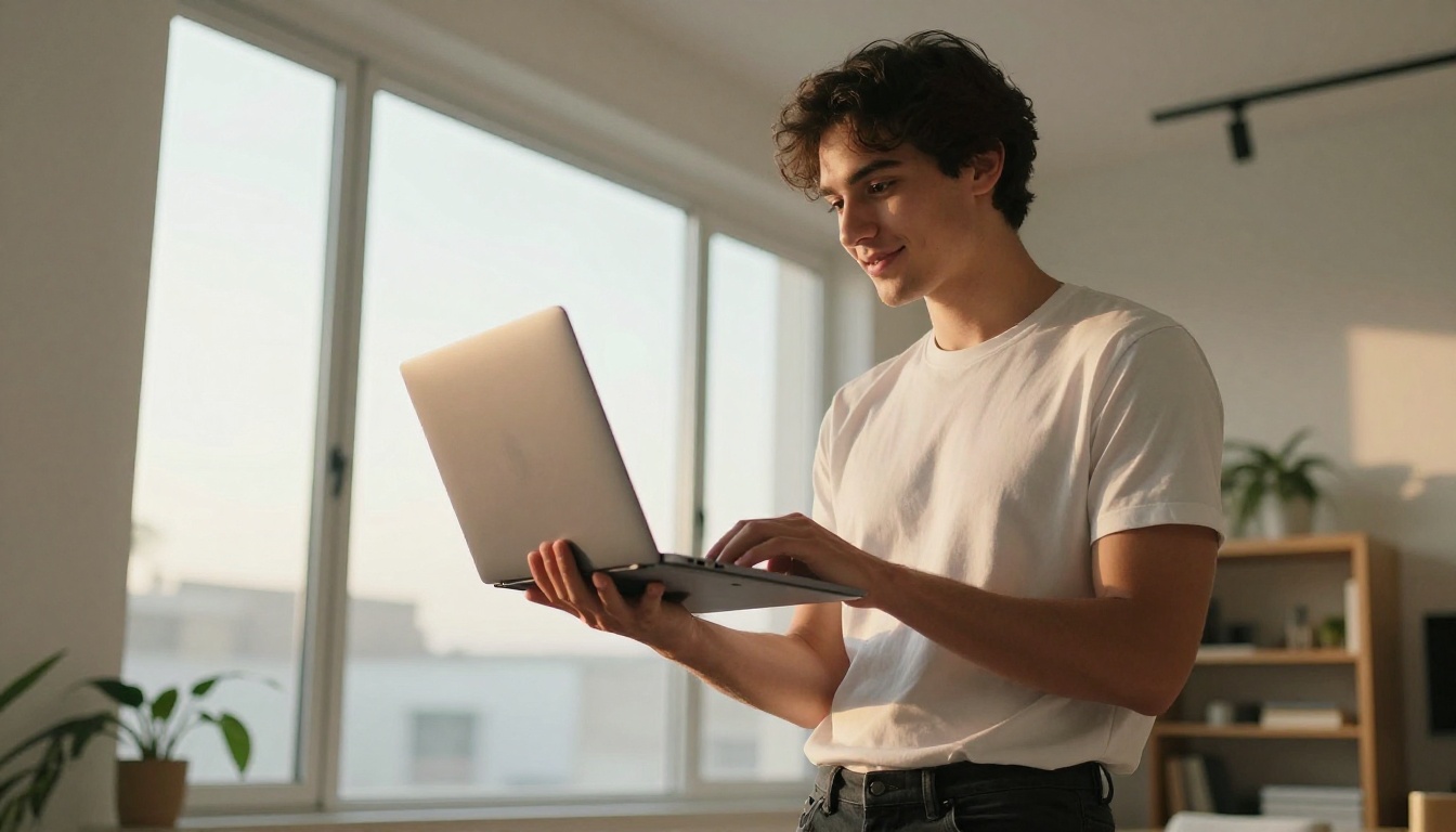 Young man reviewing AI animation results on laptop in bright apartment