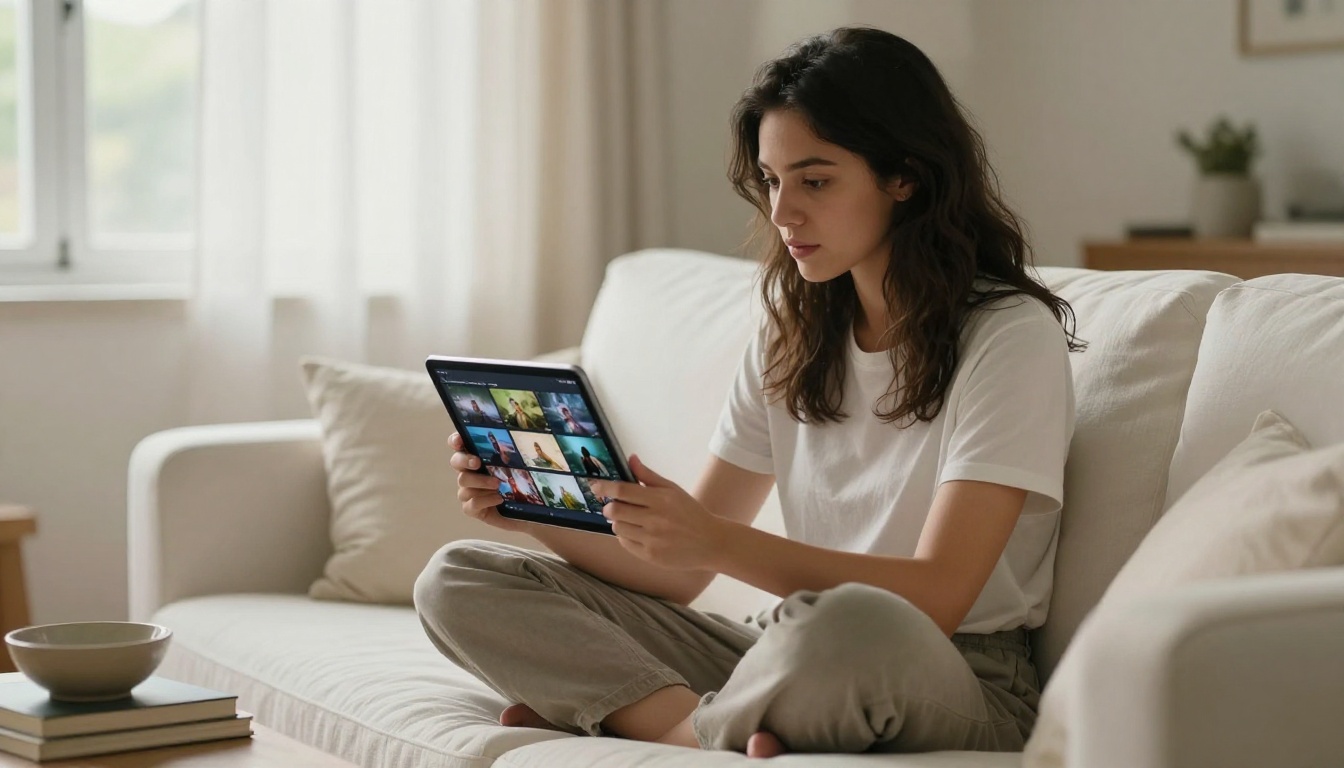 Woman browsing animated video results on iPad in sunlit living room