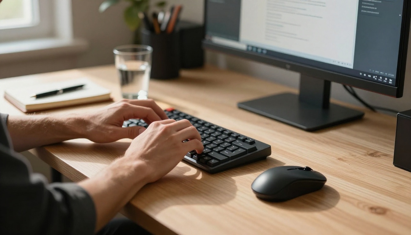 Creative professional typing motion prompt at keyboard on birch desk