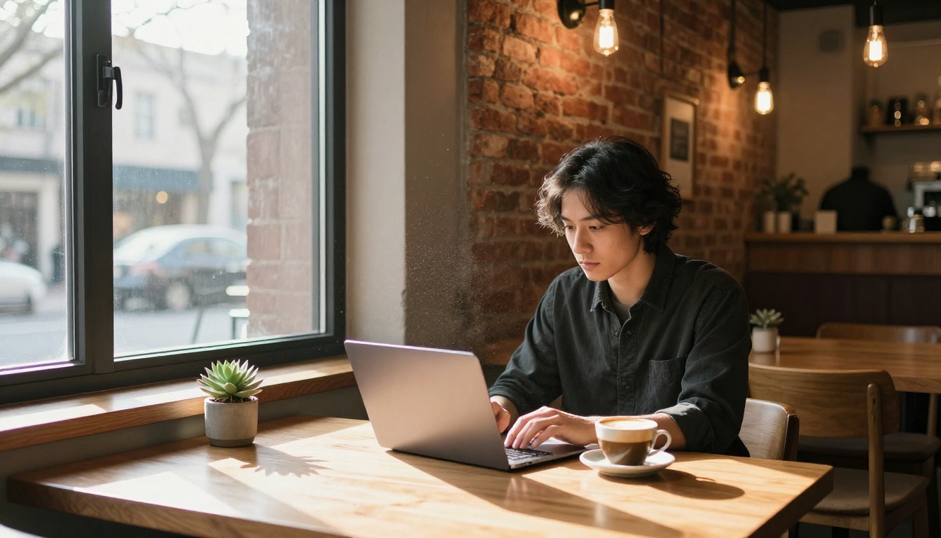Content creator at laptop in morning coffee shop with latte and exposed brick