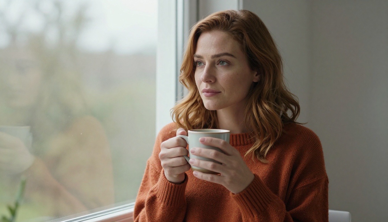 Woman with auburn hair in portrait holding mug, thoughtful expression