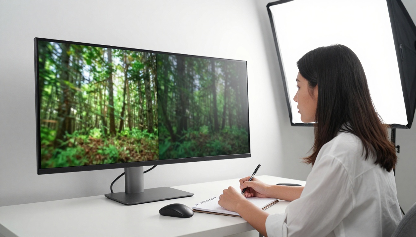 Content creator at studio desk reviewing split-screen still vs animated comparison
