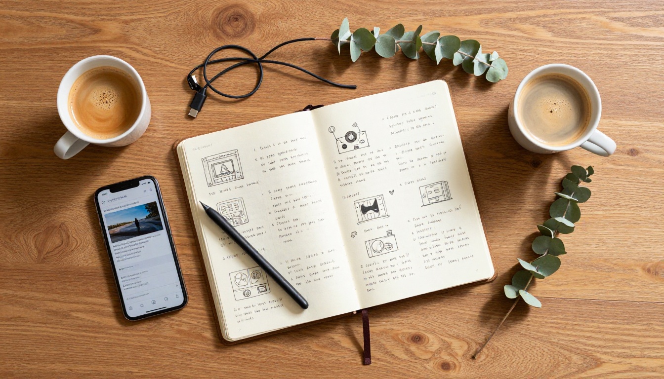 Overhead flat-lay workspace with notebook, smartphone, and espresso for video planning
