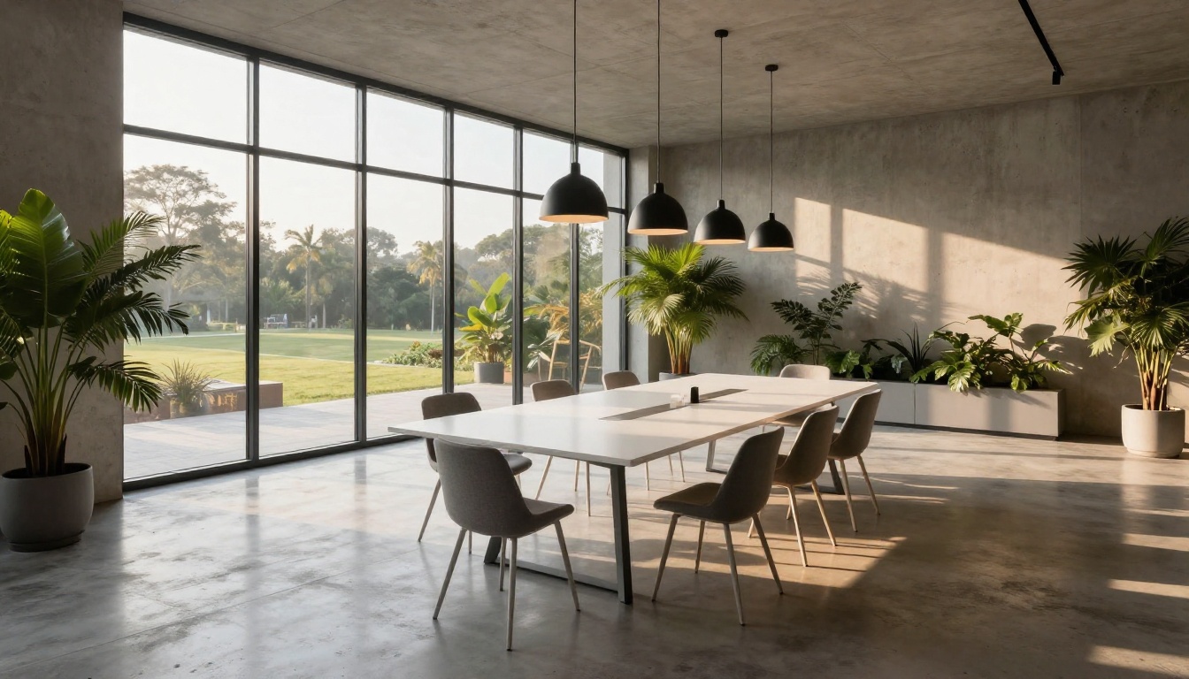 Modern minimalist office space with natural light demonstrating architectural photography as a test subject for AI models
