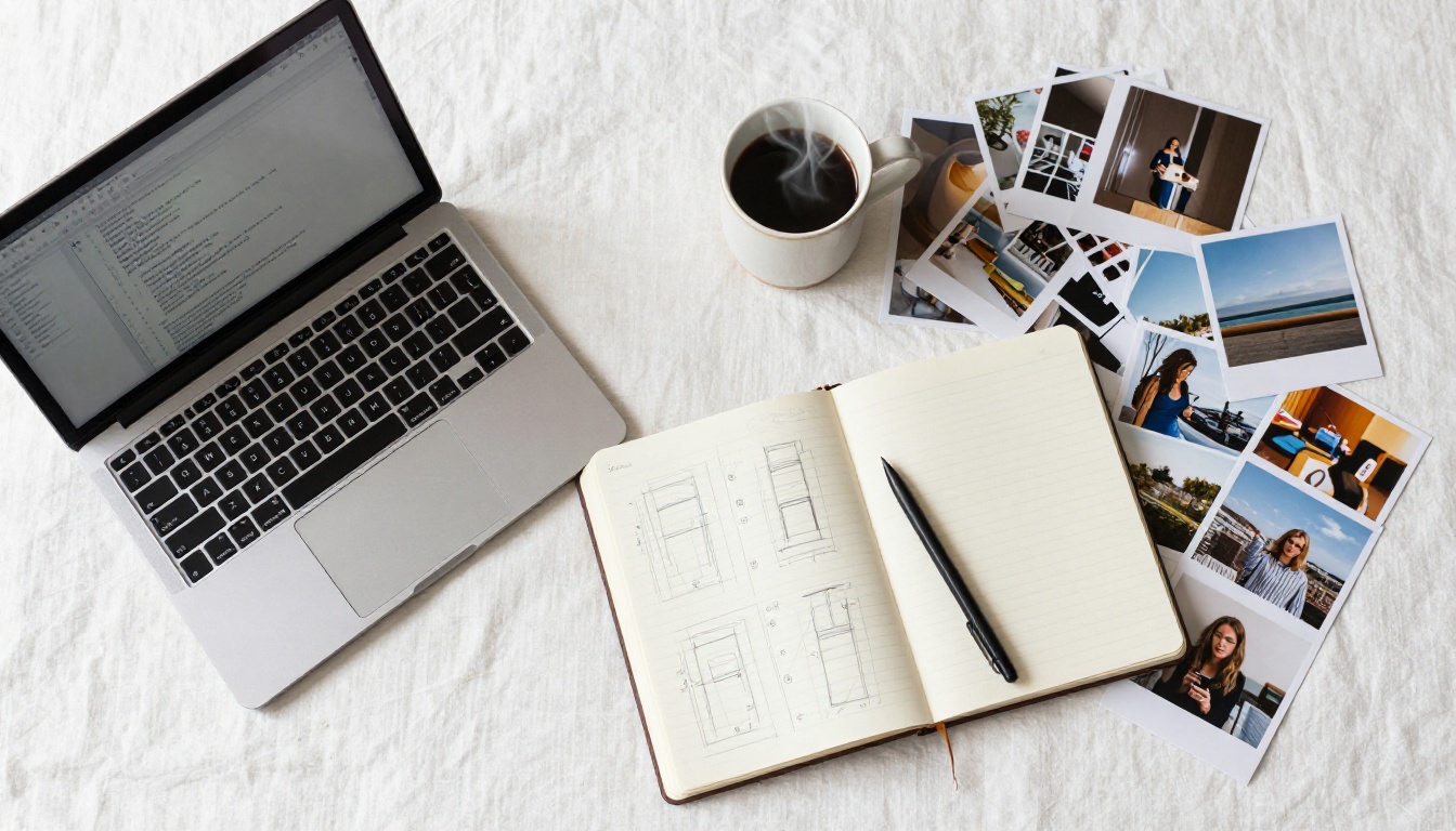 Creative workspace flat lay showing digital design tools and workflow materials for AI content production
