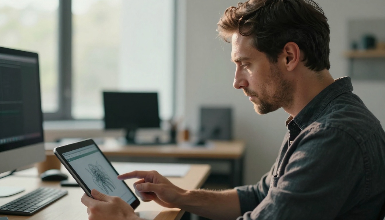 Creative director reviewing AI-generated artwork on a tablet, demonstrating professional creative workflow with AI tools