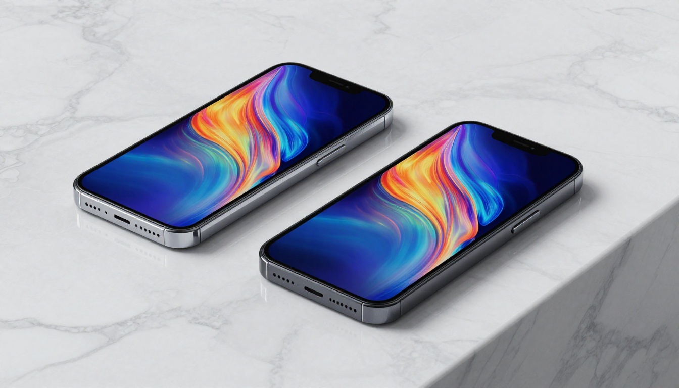 Two smartphones on marble surface displaying AI-generated artwork side by side for direct model comparison