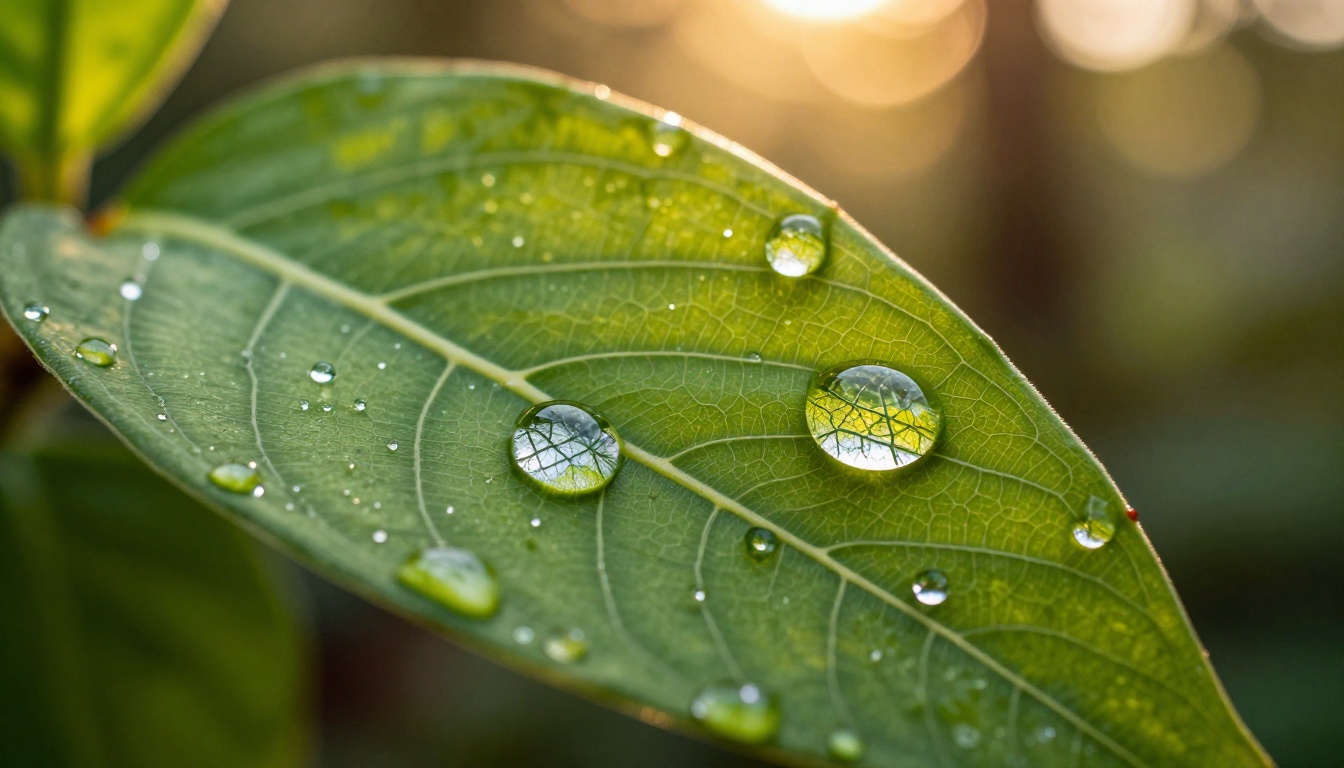 Extreme close-up macro dew drops on tropical leaf capturing photorealistic natural texture detail in AI photography