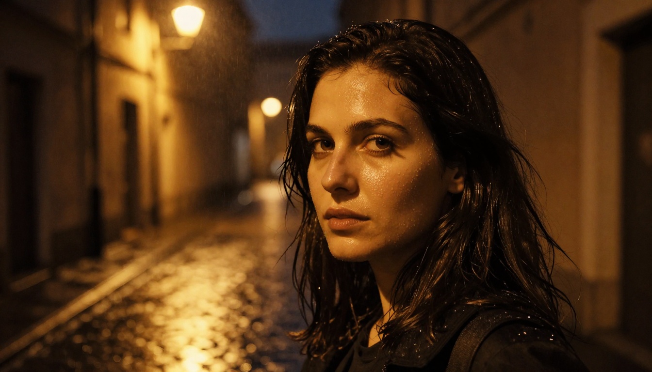 Night portrait under sodium streetlamp with accurate skin response to warm artificial lighting