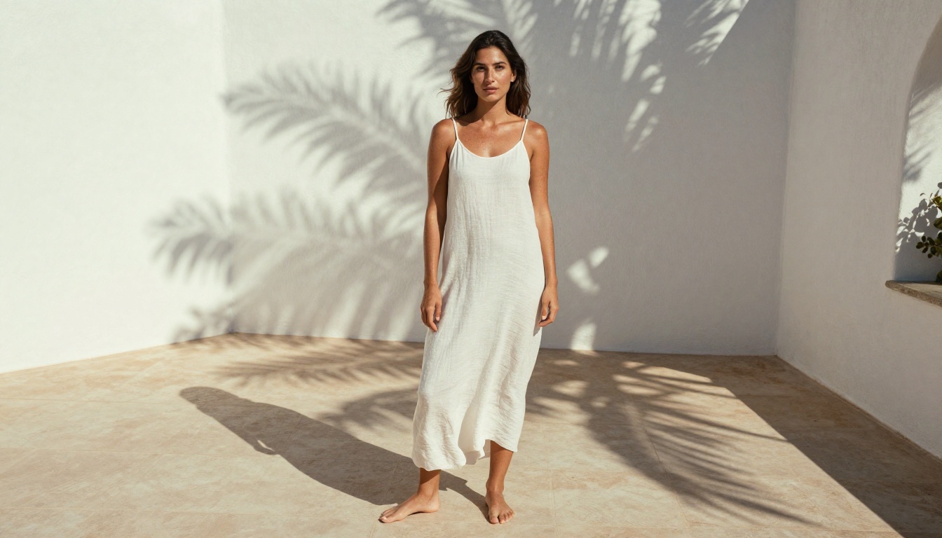 Full body Mediterranean daylight portrait with authentic sun-drenched skin response