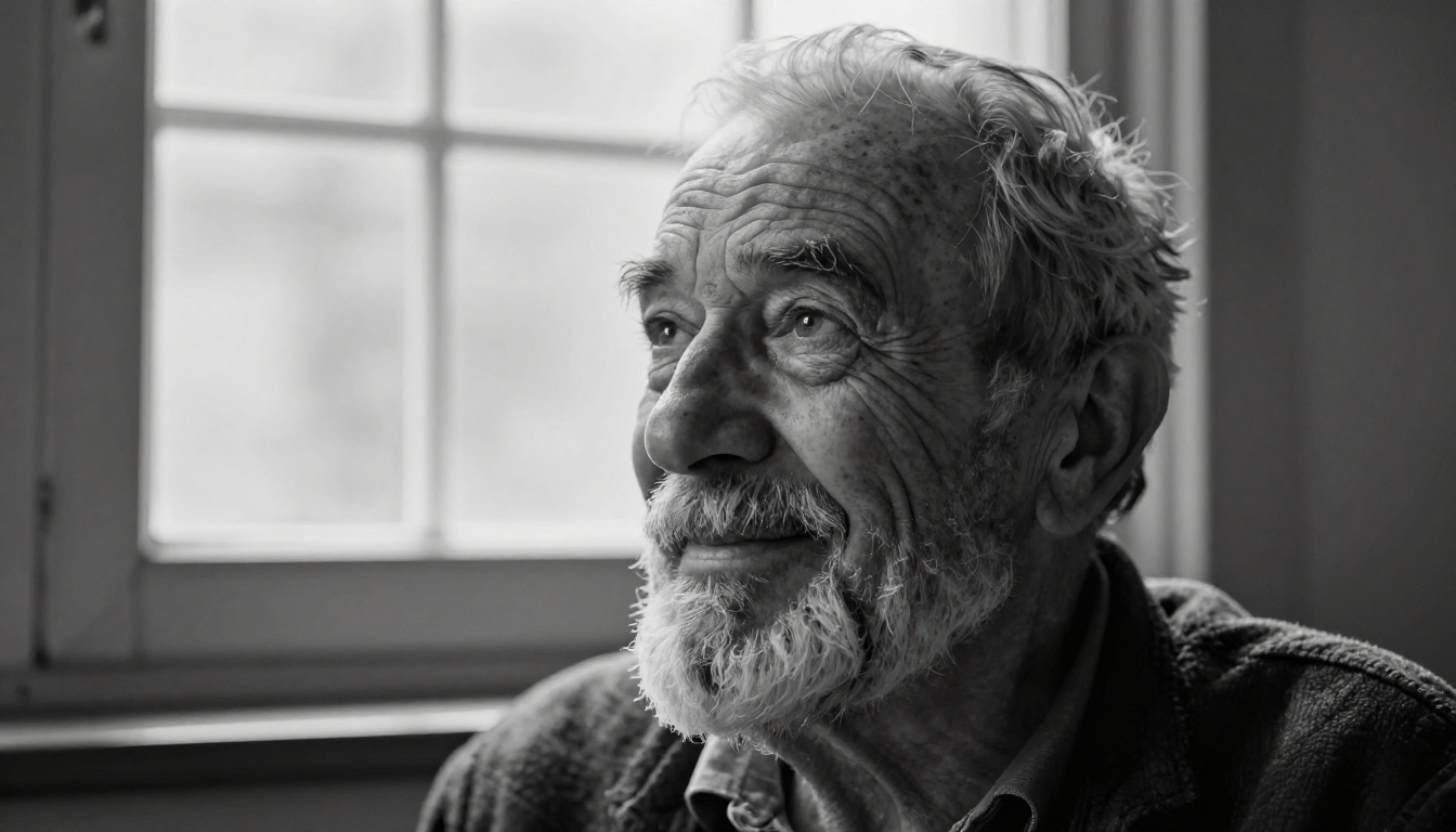 Elderly man portrait by window light with extraordinary aged skin texture and authentic detail
