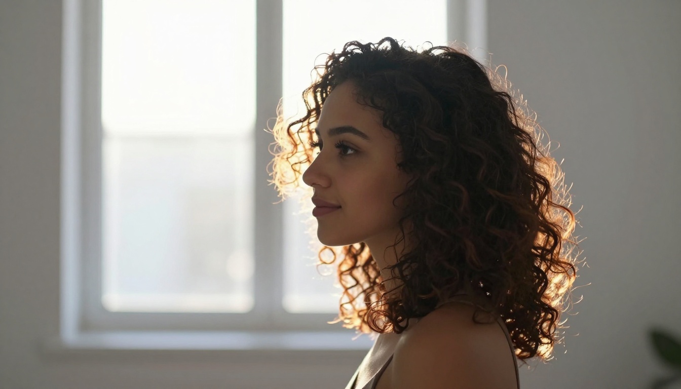 Backlit window portrait with rim light tracing curly hair against a bright soft background