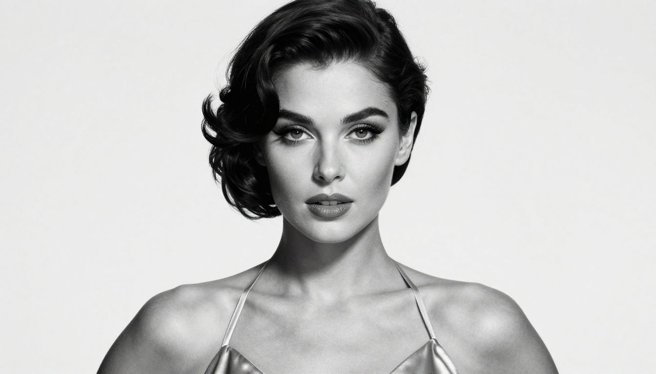 Monochrome studio glamour portrait, butterfly lighting, halter top