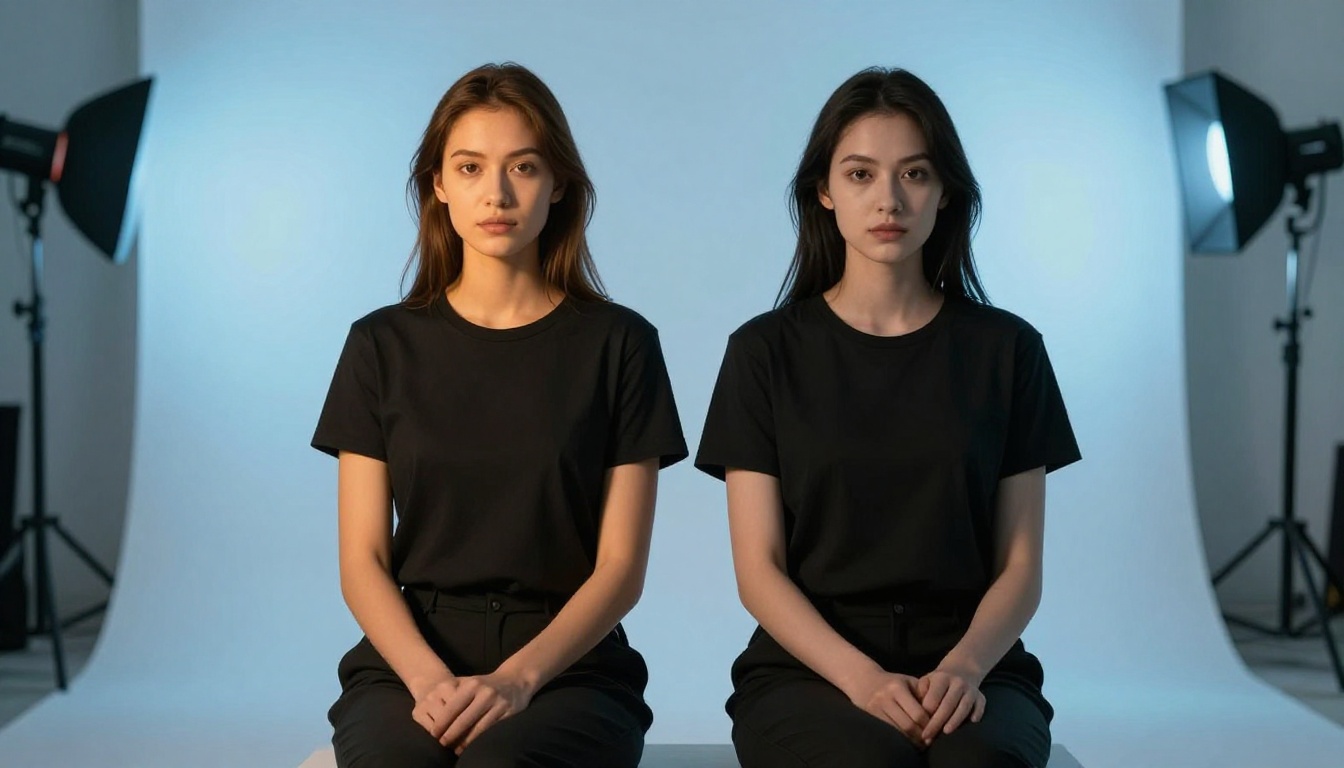 Split-toned editorial portrait, comparison lighting scene, studio setup