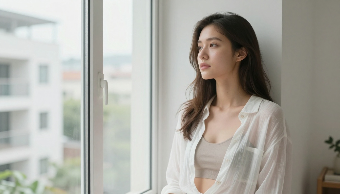 Environmental lifestyle portrait, sheer blouse over bralette, morning daylight
