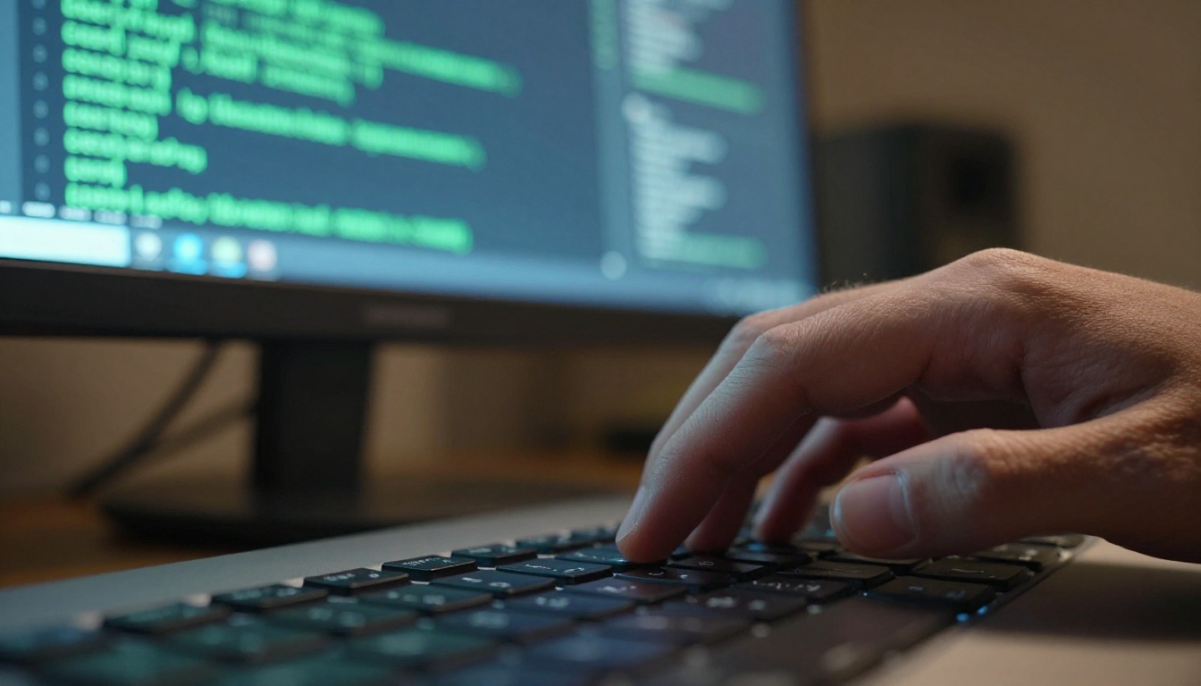 Hands typing on mechanical keyboard with code on monitor