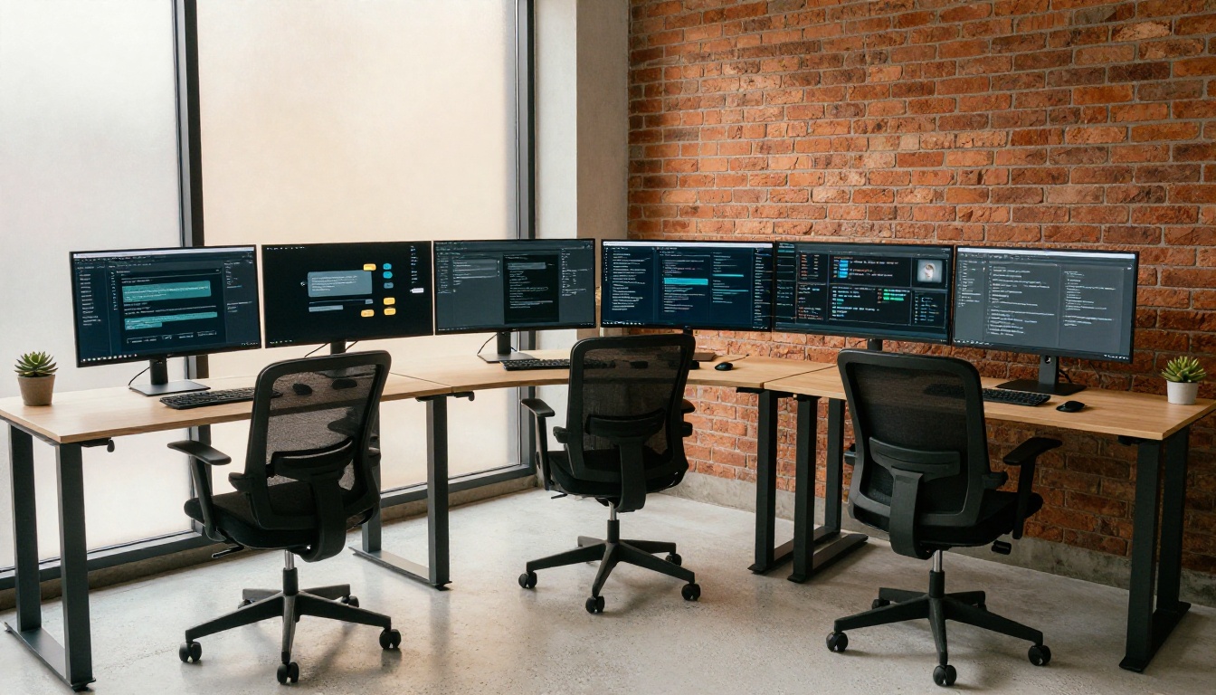AI professional working at a three-monitor setup