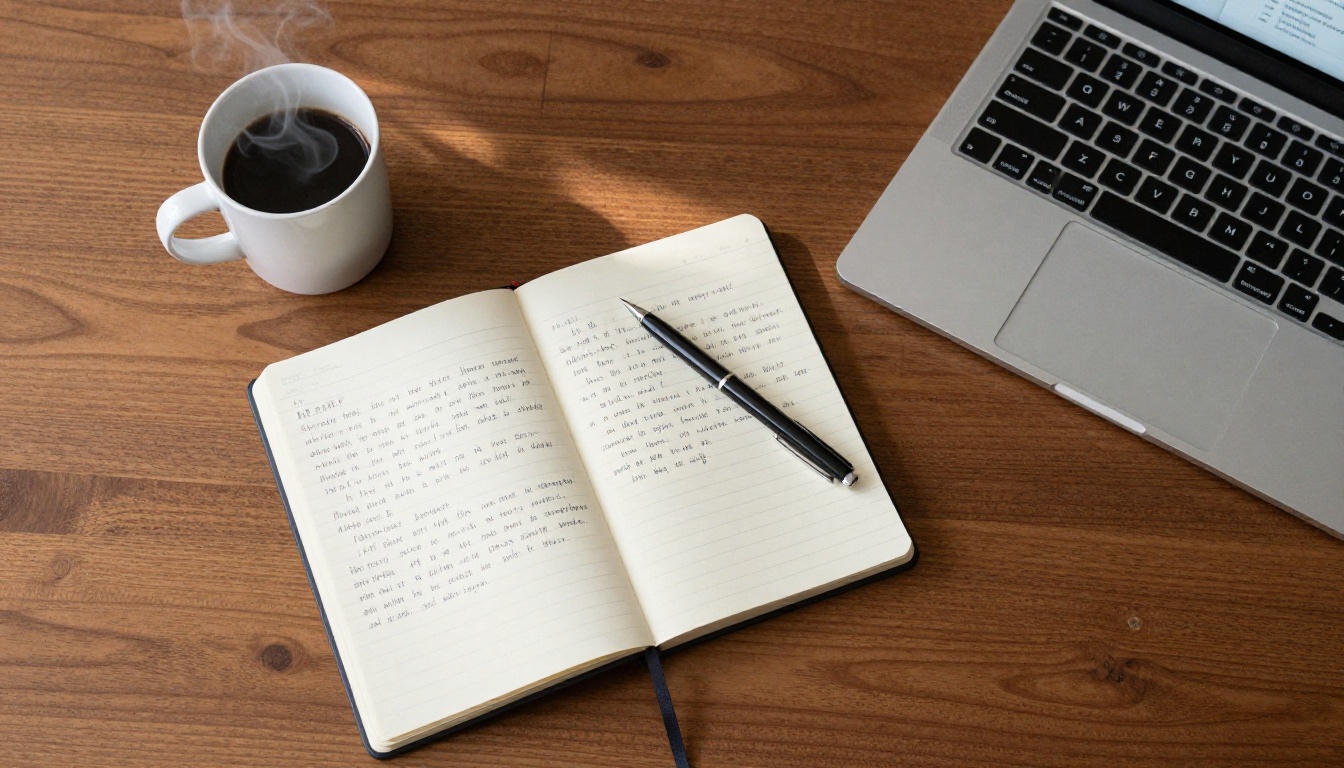 Desk with notebook, laptop and coffee for AI workflow