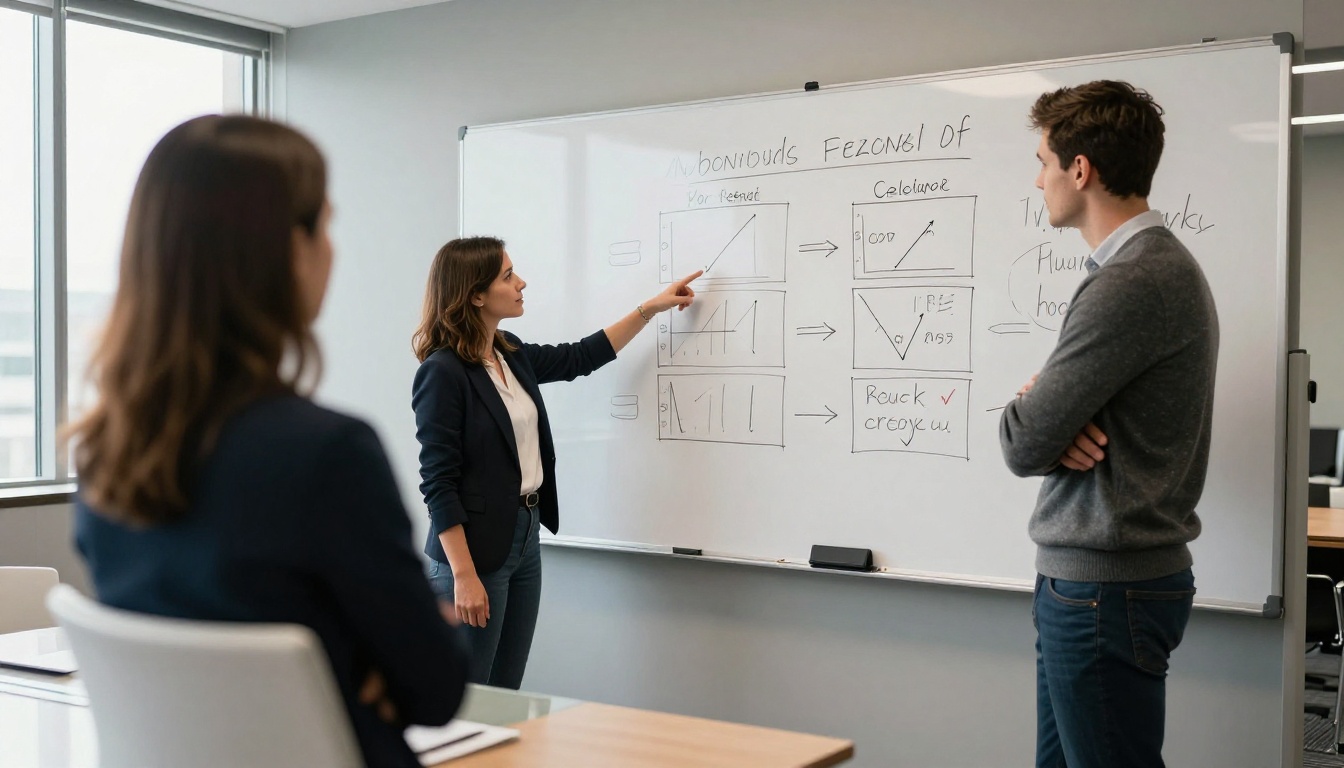 Two professionals comparing model capabilities at a whiteboard