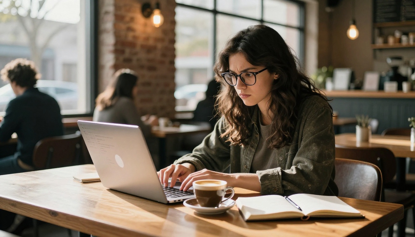 Woman working on laptop in sunlit coffee shop