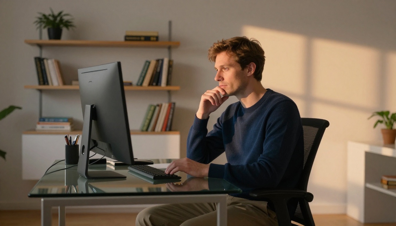 Man in thoughtful pose at home office desk