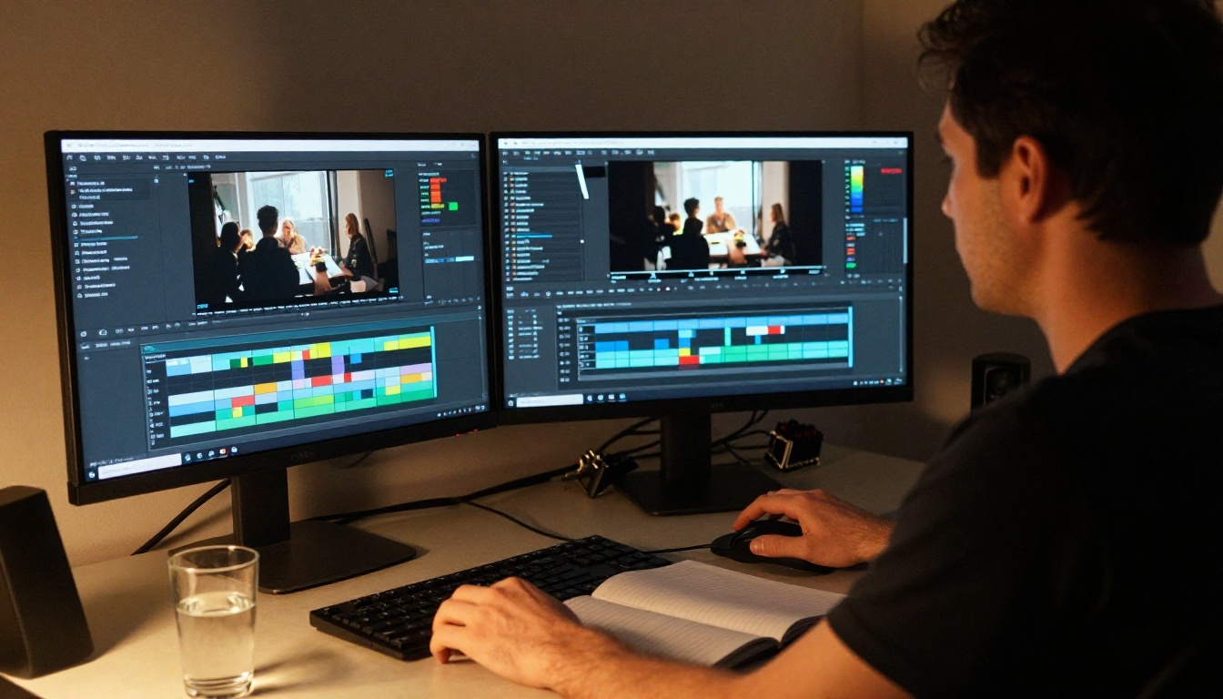 Video editor at professional dual-monitor setup reviewing AI-generated social media clips on color-coded timeline Video editor at professional dual-monitor setup reviewing AI-generated social media clips on color-coded timeline