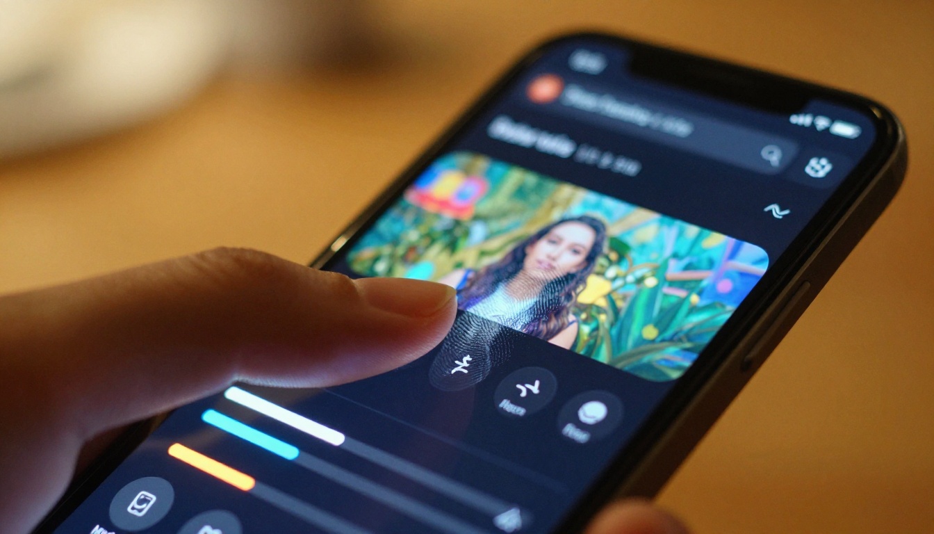 Close-up of finger touching AI video generation interface on smartphone screen in warm coffee shop setting Close-up of finger touching AI video generation interface on smartphone screen in warm coffee shop setting