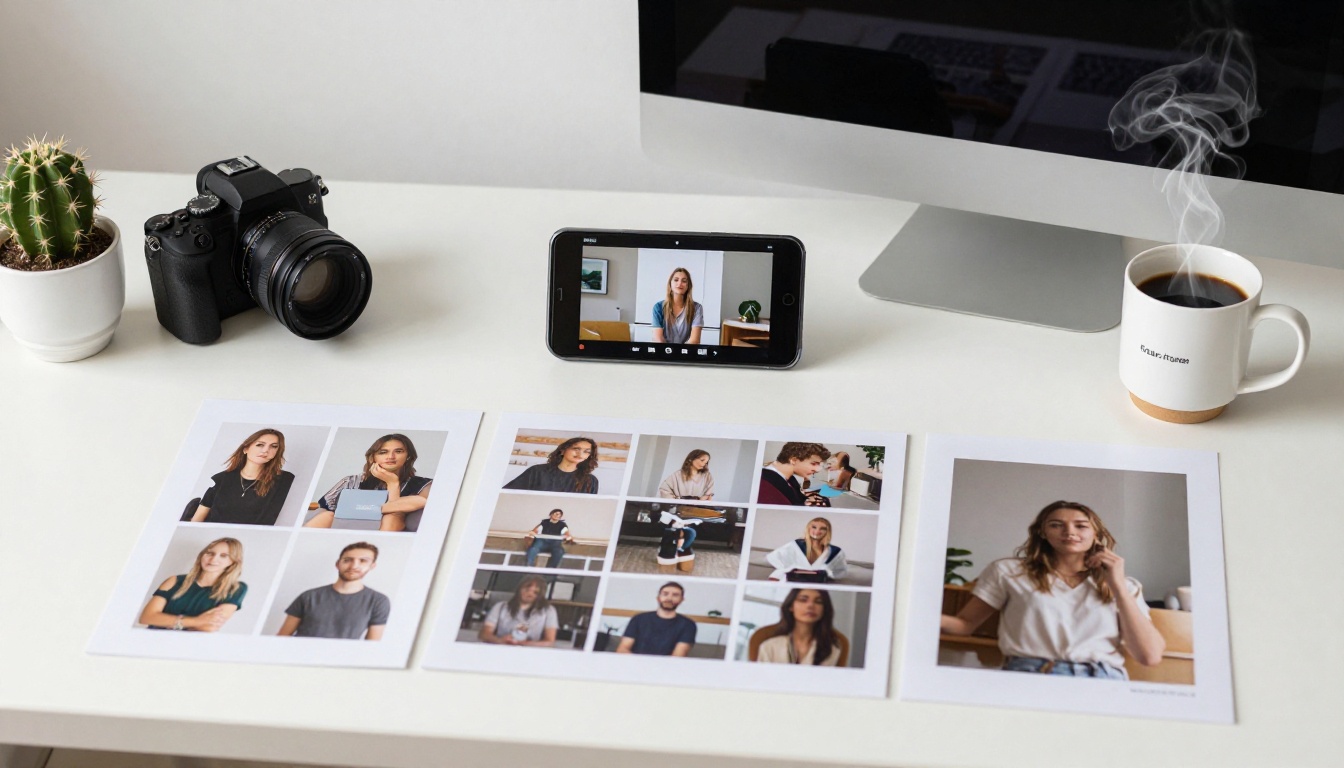 Creative flat-lay workspace with smartphone showing video interface, mirrorless camera, and production tools under soft overhead natural light Creative flat-lay workspace with smartphone showing video interface, mirrorless camera, and production tools under soft overhead natural light