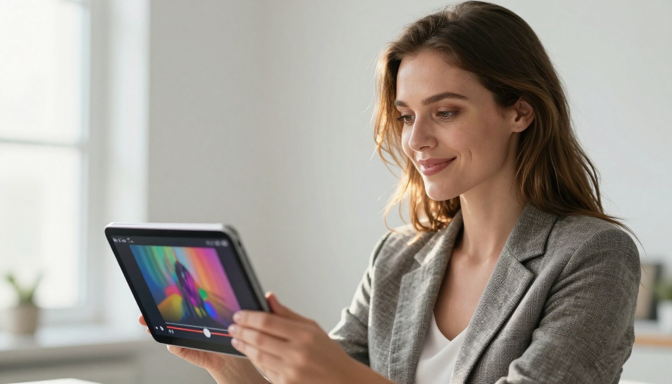 Woman in smart casual attire reviewing AI-generated video content on tablet with genuine expression in bright modern studio Woman in smart casual attire reviewing AI-generated video content on tablet with genuine expression in bright modern studio