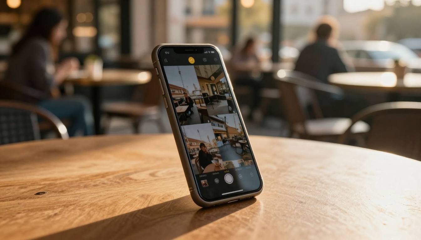 Low-angle shot of smartphone at outdoor cafe table showing social media video feed with warm golden hour city bokeh in background Low-angle shot of smartphone at outdoor cafe table showing social media video feed with warm golden hour city bokeh in background