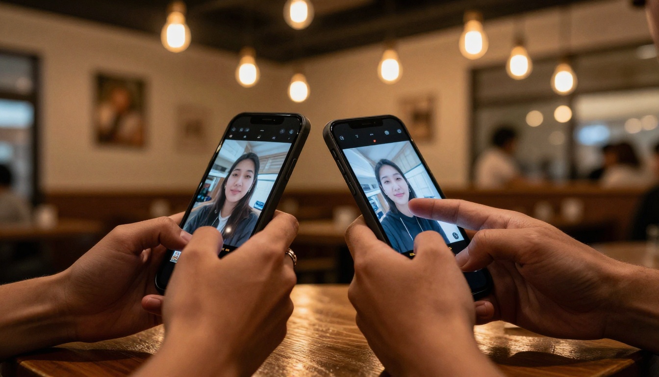 Two content creators at wooden table comparing different AI video clips on their smartphones under warm Edison pendant lamp Two content creators at wooden table comparing different AI video clips on their smartphones under warm Edison pendant lamp