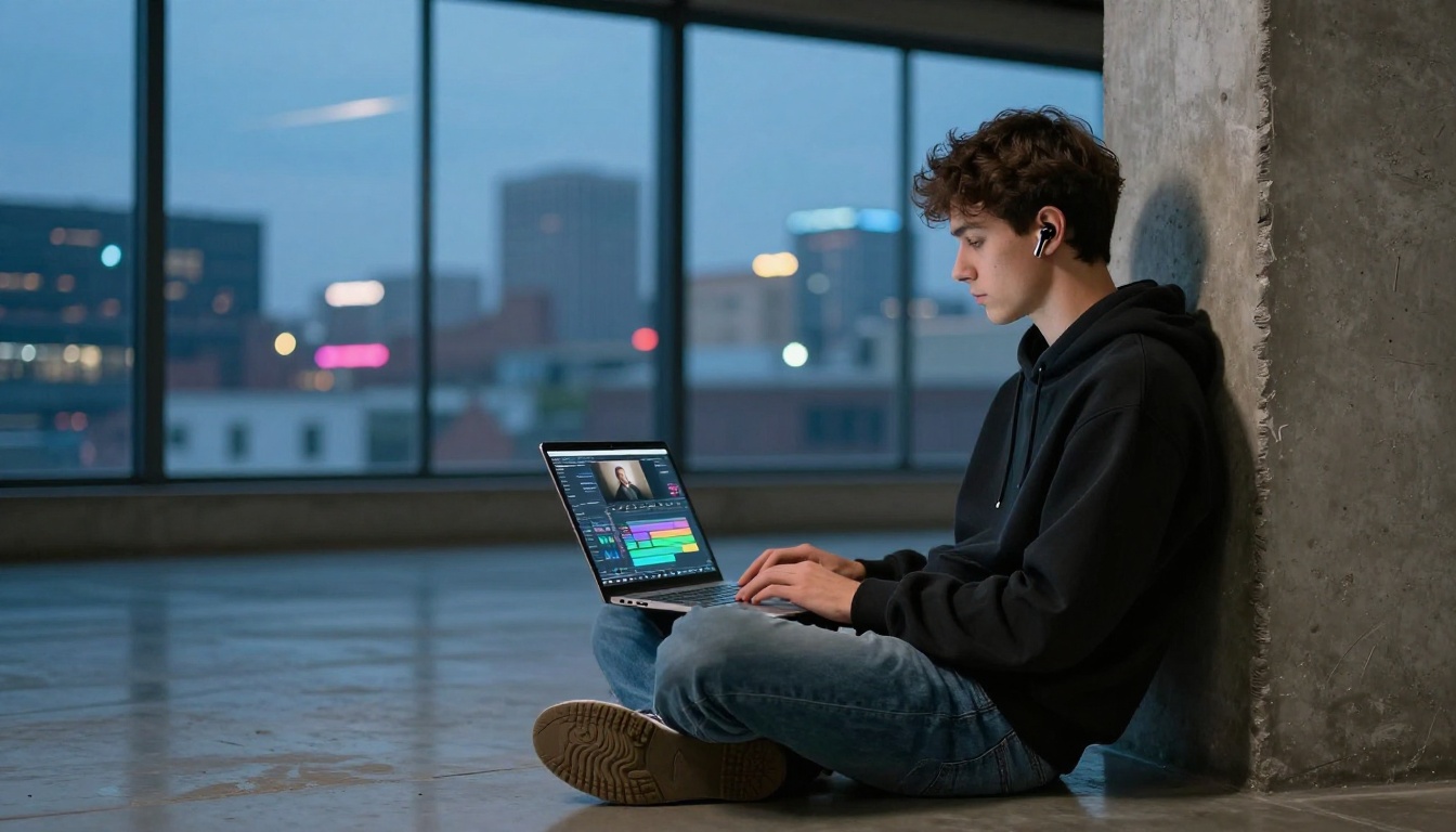 Young male content creator in streetwear working late on video editing timeline in industrial loft apartment with blue hour city light through large window Young male content creator in streetwear working late on video editing timeline in industrial loft apartment with blue hour city light through large window