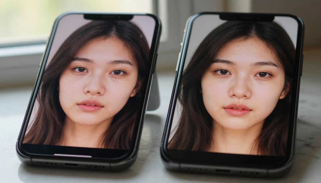 Smartphone screens side by side comparing AI image quality and detail fidelity Smartphone screens side by side comparing AI image quality and detail fidelity