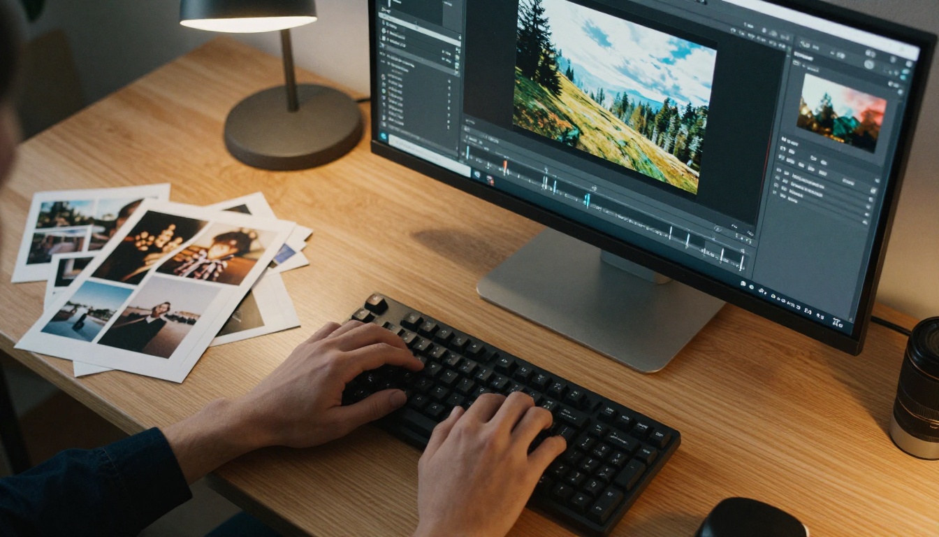 Dual monitor workstation with photo editing software showing AI images in detail Dual monitor workstation with photo editing software showing AI images in detail